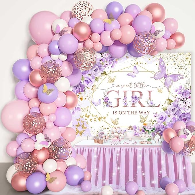 Sensfun Butterfly Baby Shower Backdrop A Sweet Little Girl is On The Way Photography Background Purple Butterfly Floral Princess Baby Shower Decorations Banner Party Supplies Photoshoot Props 7x5ft