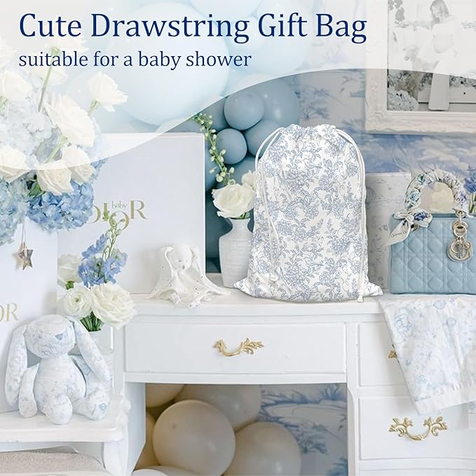DSHFG Light Blue Toile Chinoiserie Floral Birthday Drawstring Gift Wrap Bags, Chinoiserie Baby Shower Drawstring Gift Bags Canvas, Small Happy Birthday Bag, Gifts for Women, 10x13 Inch