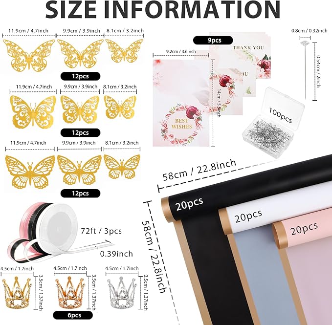 60 Sheet Flower Wrapping Paper-3 Colors Florist Bouquet Wrapping Paper for Wedding Birthday Gift, Flower Paper Wrap with 3 Rolls Ribbon,3D Butterflies, 3 Colors Crowns (Black, Rose Pink, White)