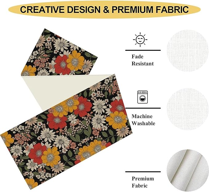 Boho Floral Table Runner, Colorful Vintage Flower Bohemian Floral Print Table Decor for Home Kitchen Dining Patio Holiday Party Indoor Outdoor Table Decorations 13x72 inch