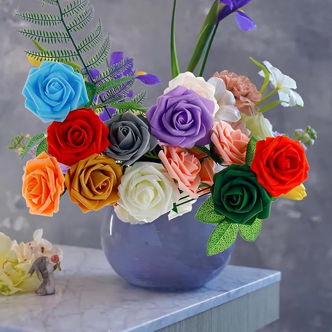 [25PCS] Isquene Purple Roses Artificial Flowers with Long Stem Real Touch Fake Foam Roses for Decoration DIY Wedding Bouquets Centerpieces Bridal Shower Flower Arrangements Home Decor