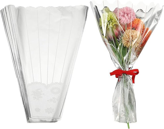 YELARXI Clear Flower Wrapping Bags, Transparent Flower Packaging Bag Waterproof Bouquet Sleeves with Lace - Fitting for (Florists/Floral Arrangements Supplies), 11.0x3.1x15.7 Inch & 100Pcs