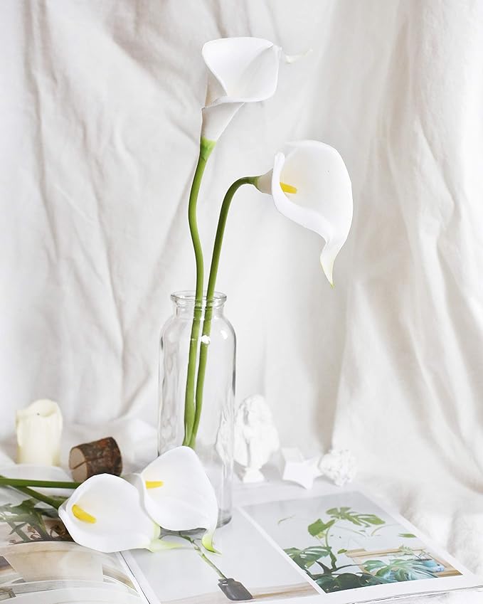 DuHouse 20Pcs Artificial Calla Lily Flower Real Touch Latex Flowers for DIY Wedding Bouquet Party Home Decor (White-Yellow Core)