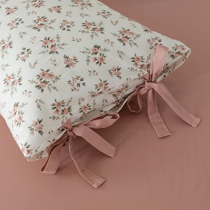 Pink White Duvet Cover Set Full 3 Pieces Blush Pink Flower Duvet Cover with 2 Bow Ties Pillowcases,Cottagecore Bedding Set 100% Cotton Vintage Country Comforter Cover without Filling-80"x90"