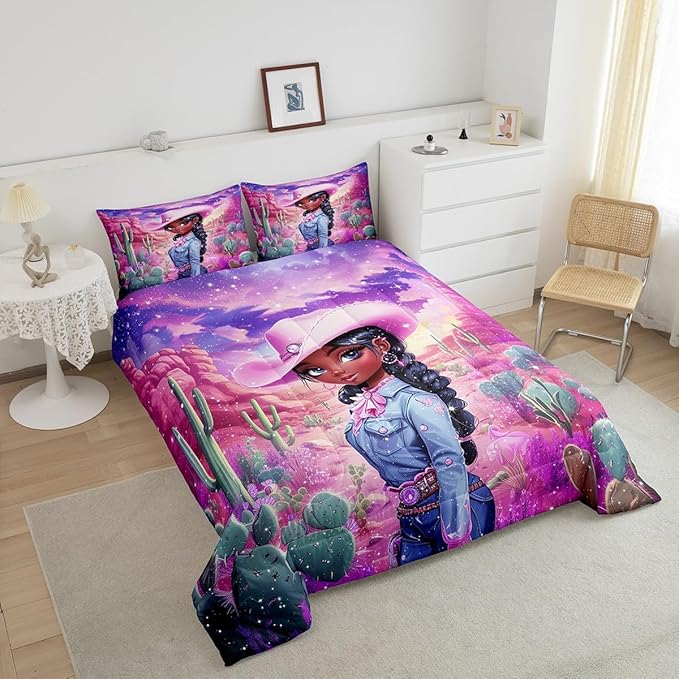 Western Cowgirl Comforter Set King Size,Reversible African Style Cute Girl Print Black Bedding Set All Season Quilt Set,Dreamy Stars Purple Galaxy Sparkling Microfiber Polyester Down Comforter