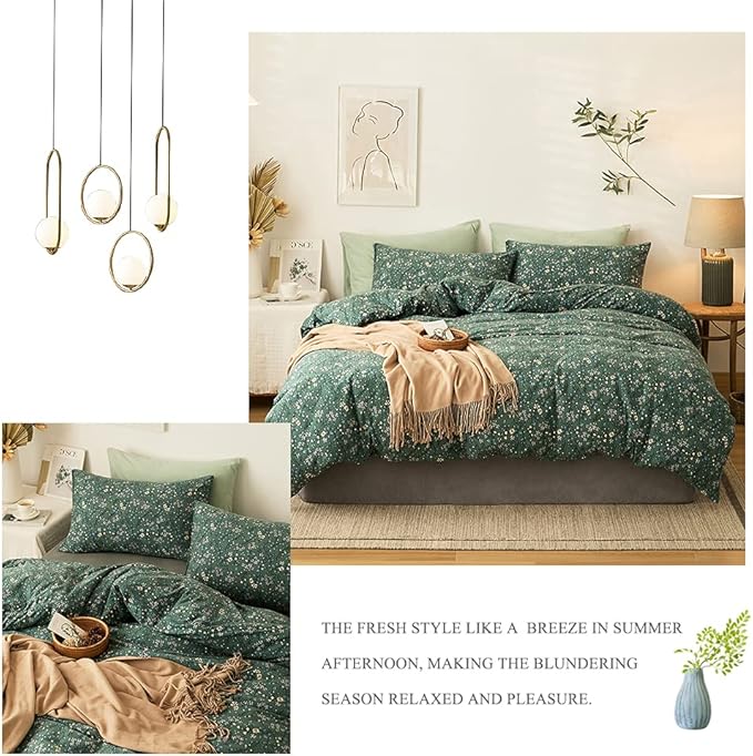 EAVD Vintage Green Floral Duvet Cover Full Size 100% Jersey Cotton Cottagecore Floral Bedding Set with 2 Pillowcases Chic Shabby Reversible Botanical Duvet Cover with Zipper Closure