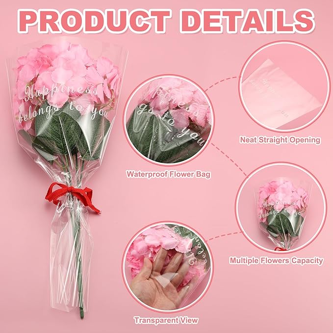 YELARXI Clear Flower Wrapping Bags, Transparent Flower Packaging Bag Waterproof Bouquet Sleeves with Letter - Fitting for (Florists/Floral Arrangements Supplies), 13x3.9x19.7 Inch & 50Pcs