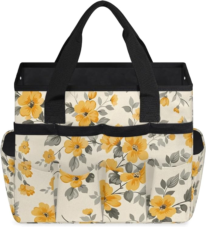 Garden Tool Bag Organizer Garden Tote Bag with Pockets Patterned Floral Print Tool Storage Organizer Gardening Tool Kit Holder 13" x 6.8" x 2.8"