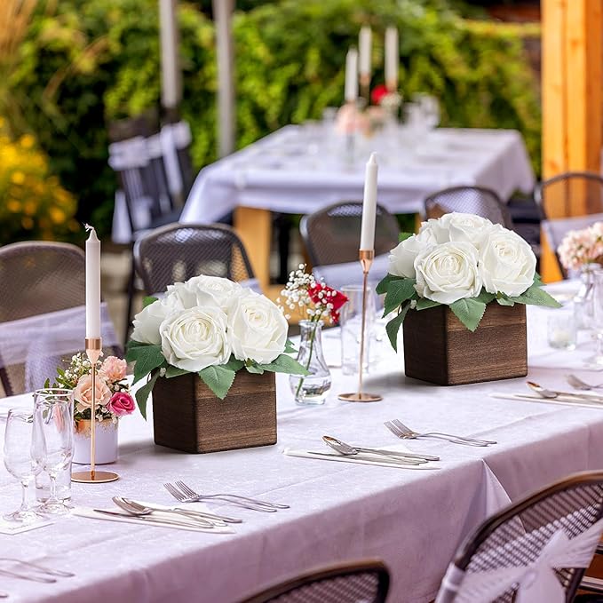 Dining Table Centerpiece Set of 3 - Pre-Made Aritifial Rose with Wooden Vase Fake Floral Arrangment Faux Flower for Wedding Bridal Tea Party Event Decorations - White