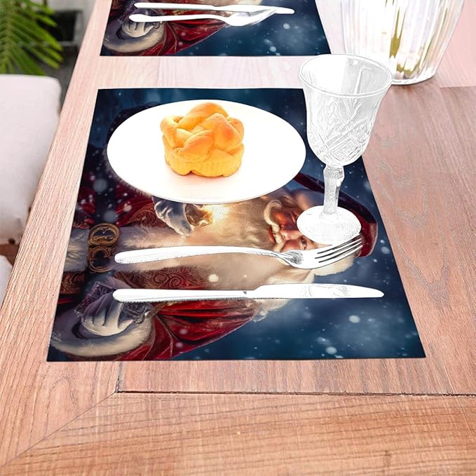 PVC Placemats Set of 6 Wipeable Table Mats Washable Heat Resistant Non Slip Vinyl Dining Table Mat for Kitchen Indoor Outdoor Patio Farmhouse Place Mats Lamp Christmas Santa Decorative
