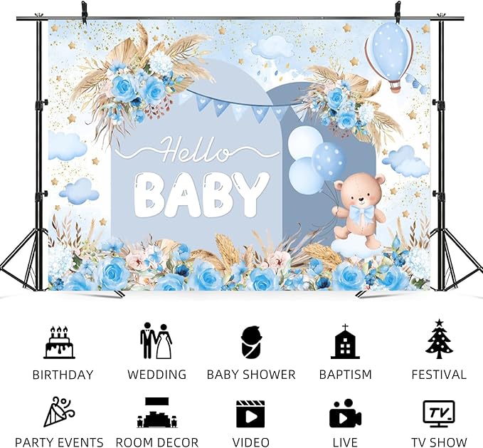 7x5ft Hello Baby Backdrop Blue Gold Boho Floral Bear Baby Shower Photography Background Balloon Stars Clouds Banner Decorations Welcome Newborn Celebration Party Portrait Photo Booth Prop