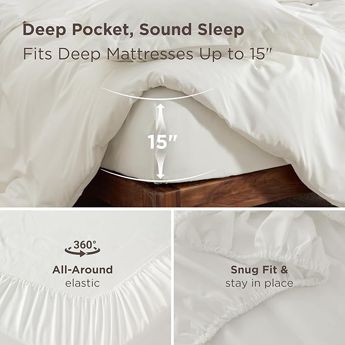 Bedsure Duvet Cover with Fitted Sheet Queen - Deep Pocket, Hotel Luxury Soft Double Brushed Bedding Set with Zipper Closure, 1 Duvet Cover, 1 Fitted Sheet, 2 Pillow Shams, NO Comforter, Ivory White