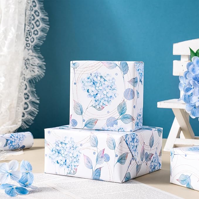 LeZakaa Blue Hydrangea Wrapping Paper Roll, Hydrangea Flowers Party Gift Wrap for Wedding, Bridal Shower, Baby Shower, Anniversary, Mother's Day, Birthday, DIY Bouquet, Mini Roll, 17 inches x 16.4Feet