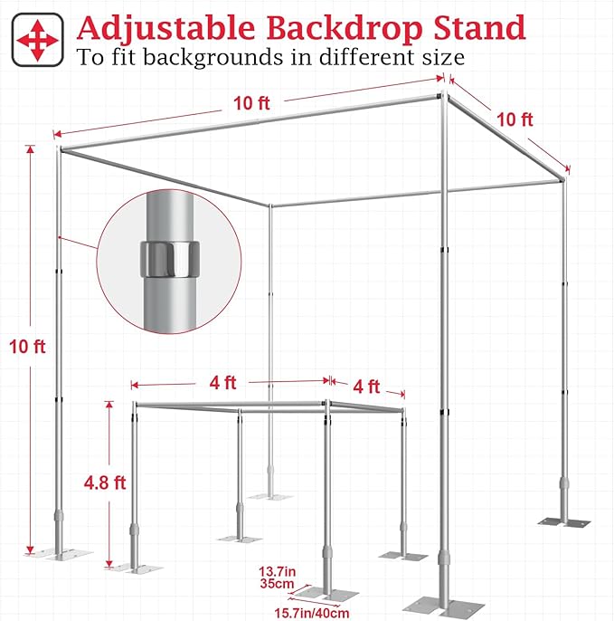 EMART 10ft Square Backdrop Stand Heavy Duty, Pipe and Drape Photo Background Support Kit, Adjustable Metal Frame with Flat Base for Wedding Birthday Party Decorations