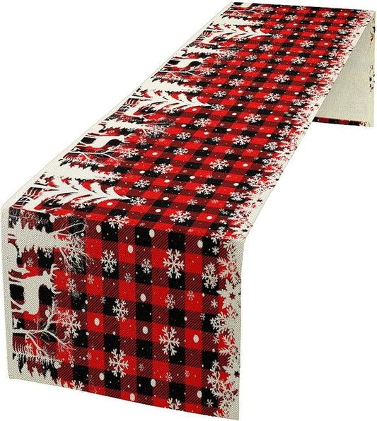 Christmas Table Runner,Red Black Plaid Xmas Snowflakes Deer Trees Print Tablecloth Burlap for Hotel Indoors Outdoor Dining Room Kitchen Home Decor,W13X L60 in