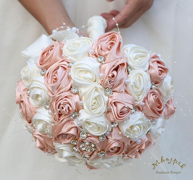 Bridal Wedding Bouquet Round Bling Brooch Bouquet Throw Toss Artificial Rose Flower Bunch for Bride Bridesmaid Wedding Quinceanera(Peach Pink & Ivory, 8.7")