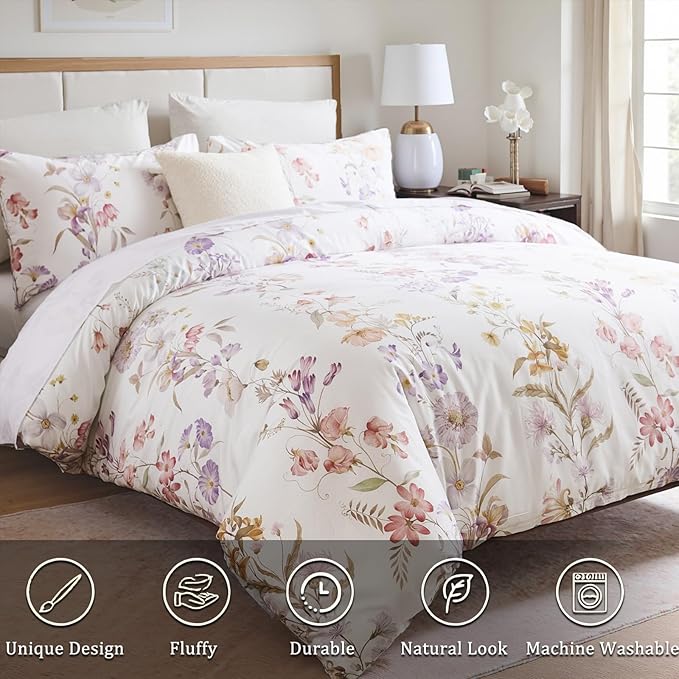 100% Cotton Duvet Cover King Size – Pastel Lavender Print Vintage Bedding Set with Zipper Closure, 3 Pieces Luxury & Silky Soft Comforter Cover for All Seasons