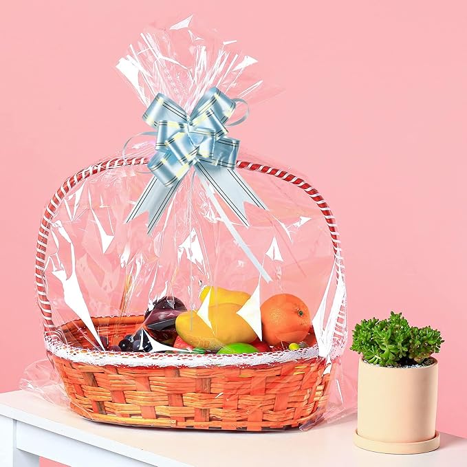 50 Packs 32 x 40 Inches Extra-large Cellophane Bags for Basket Jumbo Clear Cellophane Wraps Clear Huge Cello Bags for Baskets, Gifts, Christmas Trees, Treats, Arts and Crafts, 50ct Ribbon Bows