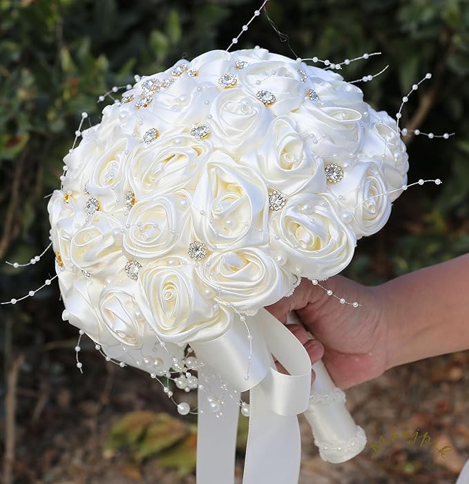 Bridal Wedding Bouquet Round Bling Brooch Bouquet Throw Toss Artificial Rose Flower Bunch for Bride Bridesmaid Wedding Quinceanera(Ivory, 7.5")