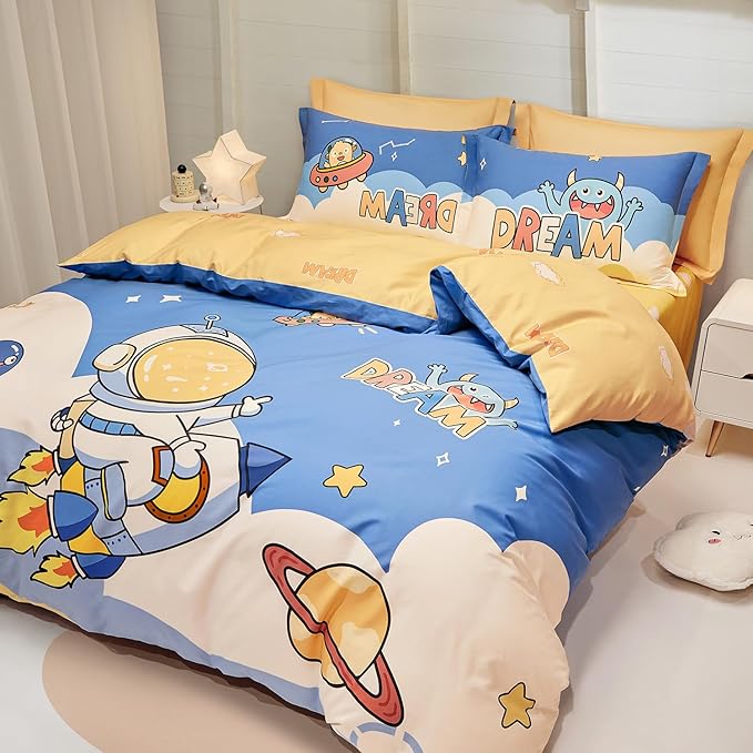 SAPHREAS Planet Astronaut Kids Duvet Cover Set Queen Size 4pcs with Fitted Sheet 100% Cotton Children Bedding Comforter Cover Set, Comforter Not Included