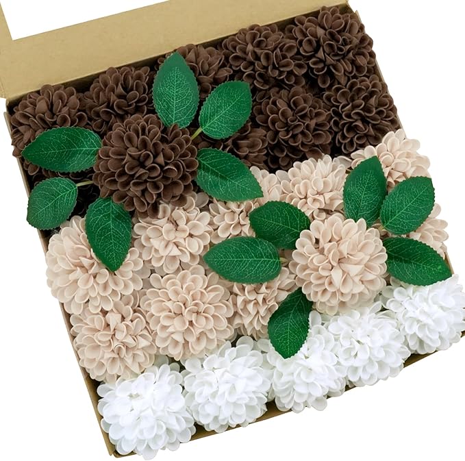 Artificial Flowers, 50pcs Artificial Rose for DIY Bouquets Arrangement,Chocolate and Tan Dahlia Flowers Foam Fake with Stems for Wedding Shower Party Floral Arrangements Tables Home Decorations