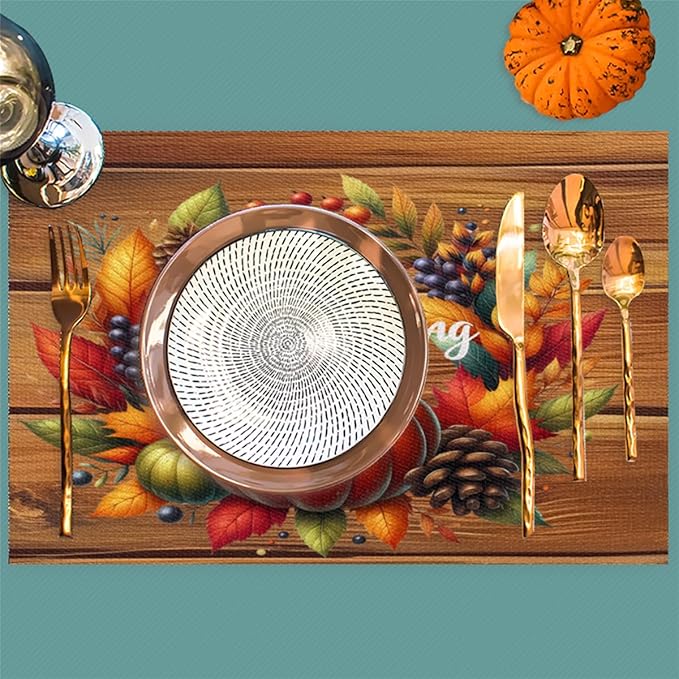 Thanksgiving Pumpkin Holiday Rainbow Placemats Set of 4 PVC Vinyl Non Slip Table Mats Heat Resistant Place Mats Washable Wipeable Dining Table Mat for Kitchen Party Indoor Outdoor Decorative Gift