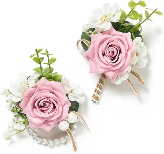 Serwalin Pink Rose Corsage and Boutonniere Set, Prom Flower Wrist Corsage Bracelets, Homecoming Roses Corsage Wristlet and Men Boutonniere for Wedding Flowers Accessories Prom Suit Decorations