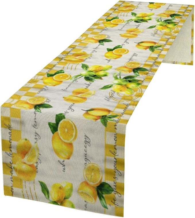 Lemon Table Runner , Summer Yellow Fruits Green Leaves Kitchen Dinning Table Decoration for Indoor Outdoor Home Party Decor 13x70 in
