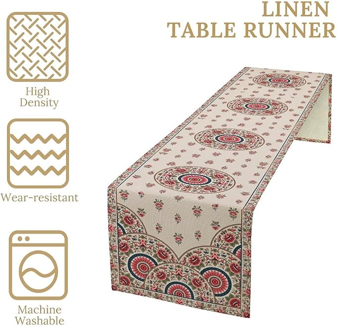 Bohemian Floral Table Runner, Vintage Ethnic Mandala Pink Flowers Boho Design Table Runner for Kitchen Dining Party Wedding, 13x120 Inch