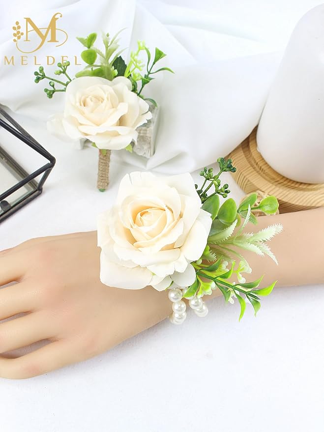 Meldel Wrist Corsage and Boutonniere Set for Wedding, Set of 2, Rose Wrist Flower Wristlet Bracelet for Bride Bridesmaid, Groom Best Man Boutonniere Wedding Flowers Accessories Prom Ceremony Party