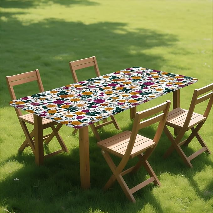Rectangle Table Cloth Cover Waterproof Elastic Fitted Polyester Fitted Tablecloths for 8 Foot Tables for Indoor,Picnic, Camping, Outdoor （96" x 30"，Floral Print）