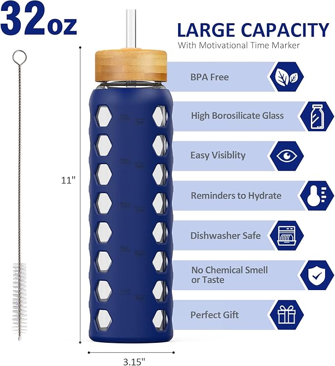 MUKOKO 32oz Glass Water Bottles with 2 Lids-Handle Spout Lid&Bamboo Straw Lid, Motivational Water Tumbler with Time Marker Reminder and Silicone Sleeve, Leakproof-Blue-1 Pack
