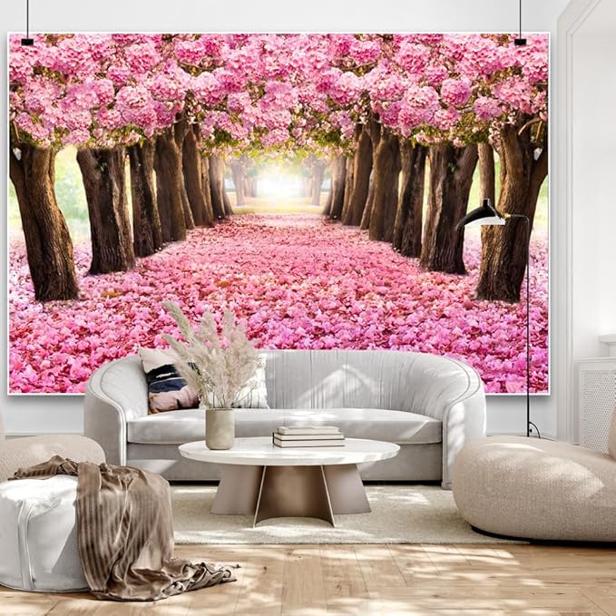 5x3ft Spring Pink Flower Backdrop Cherry Blossom Floral Petal Trees Boulevard Garden Romantic Valentine's Day Photography Background for Wedding Baby Shower Tea Party Girl Adult Portraits