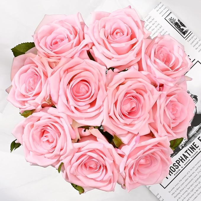BLEUM CADE Luxury PU Fake Flowers in Vase with Faux Water, Pink Real Touch Roses Artificial Flowers with Glass Vase for Office Home Dining Room Centerpiece Table Decorations