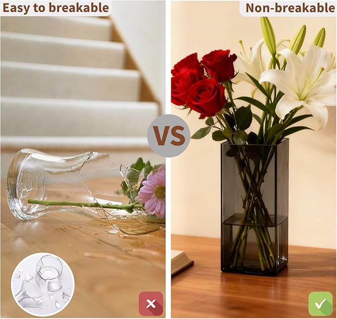 Acrylic Square Flower Vase, Non-breakable Vase, 4" x 4" x 8" Tall Grey Vases for Flower, Large Cube Floral Plant Container, Planter Terrarium for Wedding Party Event, Home Office Decor