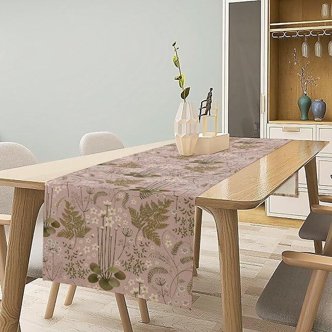 Spring Floral Table Runner, Rustic Retro Field Herbal Plant Purple Pink Wildflower Country Natural Floral Fern Print Table Cover for Indoor Outdoor Dinner Party Decor, 13x70inch