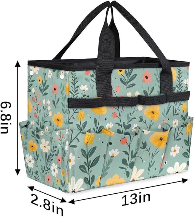 Garden Tool Bag Organizer Garden Tote Bag with Pockets Floral Patterned Flower Tool Storage Organizer Gardening Tool Kit Holder 13" x 6.8" x 2.8"