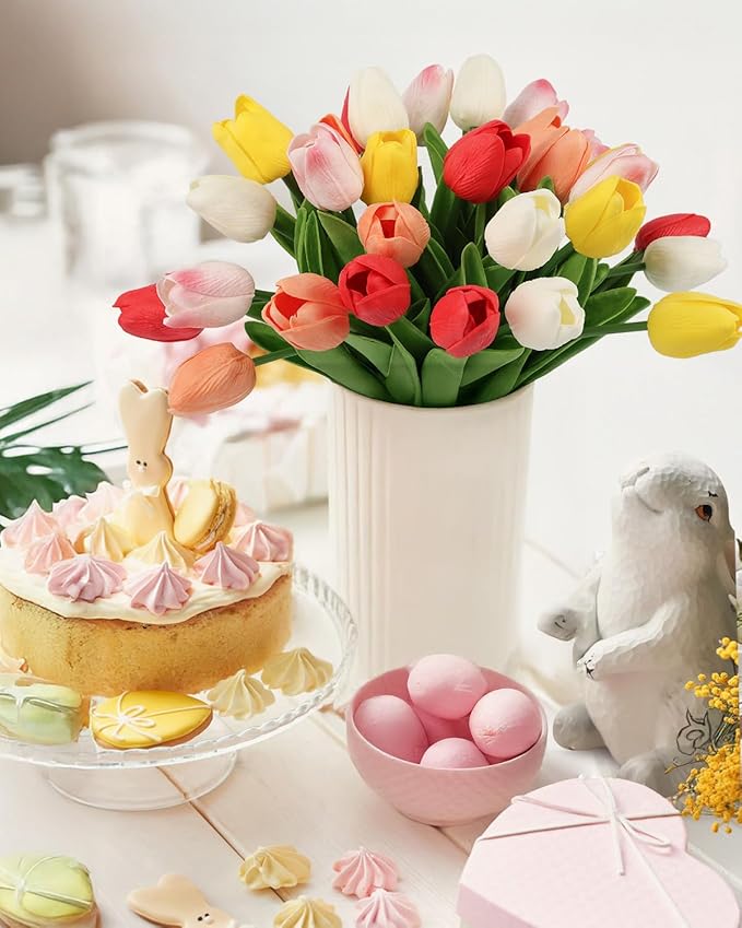 MACTING 30PCS Artificial Tulip Flowers 13.7" Real Touch Fake PU Tulips Bouquet Faux Flowers for Floral Arrangements Table Centerpiece Kitchen Indoor Outdoor Summer Decor (Multi Colors-1)
