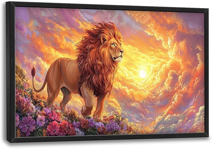 Lion Large Wall Art Animal Flower Pictures Wall Decor Sunset Floral Canvas Landscape Print Painting Modern Home Artwork Decoration for Bathroom Office Living Room Bedroom Framed 24"x36"