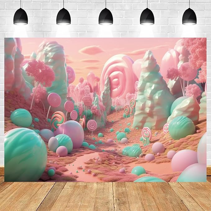 10x5ft Candyland Backdrop Pink and Teal Lollipop Photography Background Fairytale Kingdom Candy Sweet Girl Princess Birthday Banner Decorations Newborn Baby Shower Portrait Photo Booth Prop