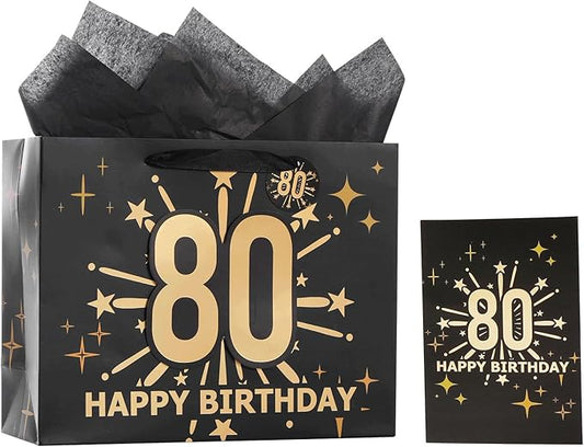 Bloomwords 80th Birthday Gift Bag Set with Card & Tissue – 13" Elegant Keepsake Party Bags for Unisex Anniversaries, Gift Wrapping & Celebrations