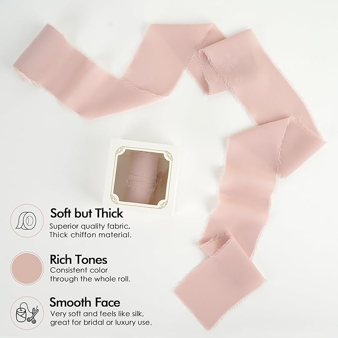 MEEDEE Dusty Rose Chiffon Ribbon 3 Inch Fringe Ribbons Dark Pink Chiffon Silk Frayed Edge Ribbon Wide Chiffon Ribbons for Crafts, Flower Bouquet, Wedding Favors Wrapping (2 Rolls 10 Yards)