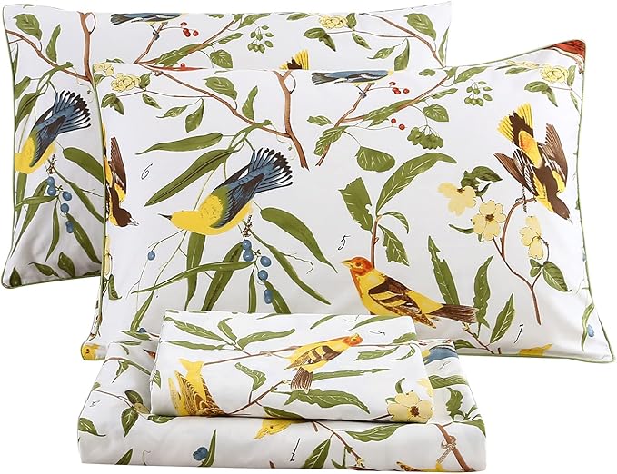 RYNGHIPY Farmhouse Flowers Print Bed Sheet Collection Set Botanical Floral Sheets with Pillowcasess (White Green,Queen Size)