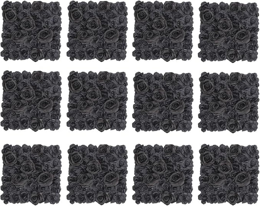 12PCS Artificial Flowers Decoration, Flower Wall Panels, Black Flowers Wall, Stage Background Artificial Flowers Decoration, Silk Rose Flower Panels, Use for Party, Anniversary
