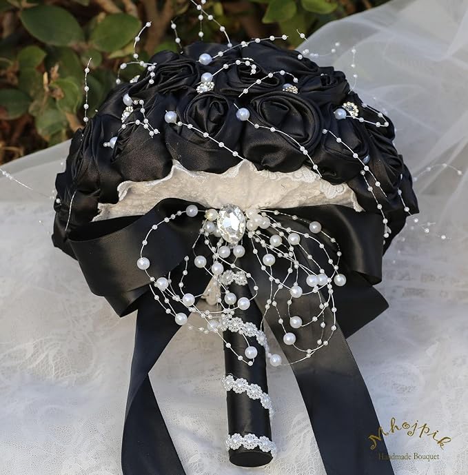 Bridal Wedding Bouquet Round Bling Brooch Bouquet Throw Toss Artificial Rose Flower Bunch for Bride Bridesmaid Wedding Quinceanera(Black, 9.8")