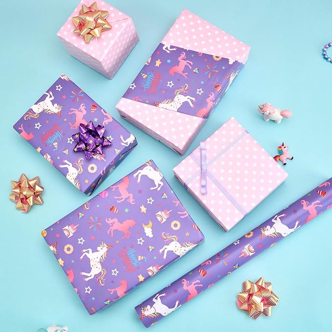 WERNNSAI Unicorn Princess Birthday Wrapping Paper Roll - 1 Roll 17”x 9.84 ft Purple Unicorn Wrapping Paper for Girls Princess Theme Birthday Gift Packing Supply Baby Shower Decor Favor