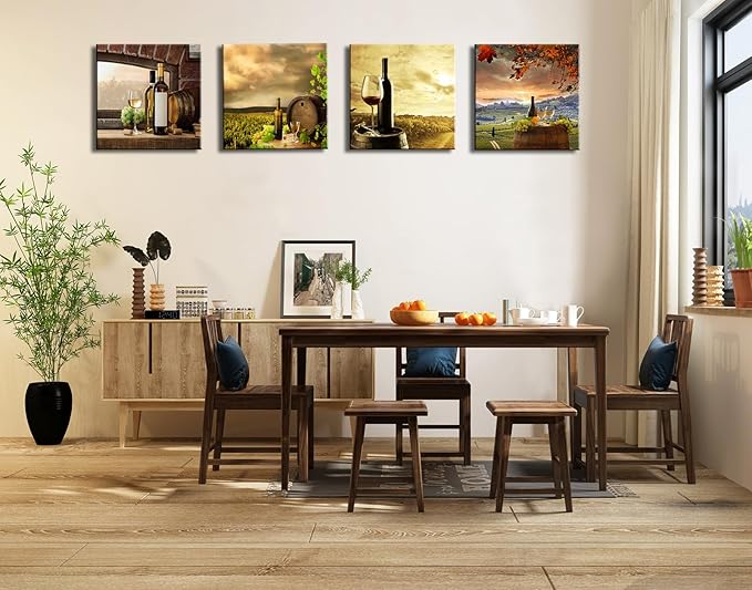 Kitchen Wall Decor Canvas Art for Dining Room, Farmhouse Rustic Paintings Vintage Fruit Red Wine Pictures Realism Colorful Artwork Prints for Bar Living Room Decoration - 12"x12"x4 Pcs