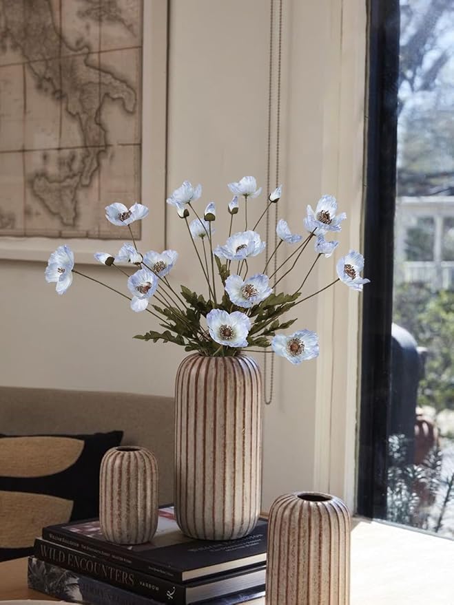 IPOPU Vintage Light Blue Poppies Flowers Artificial 6PCS Silk Poppies Realistic Faux Flowers for Vase Artificial Poppies Blue Fake Flower for Centerpieces Bridal Shower Party Decor (Light Blue)