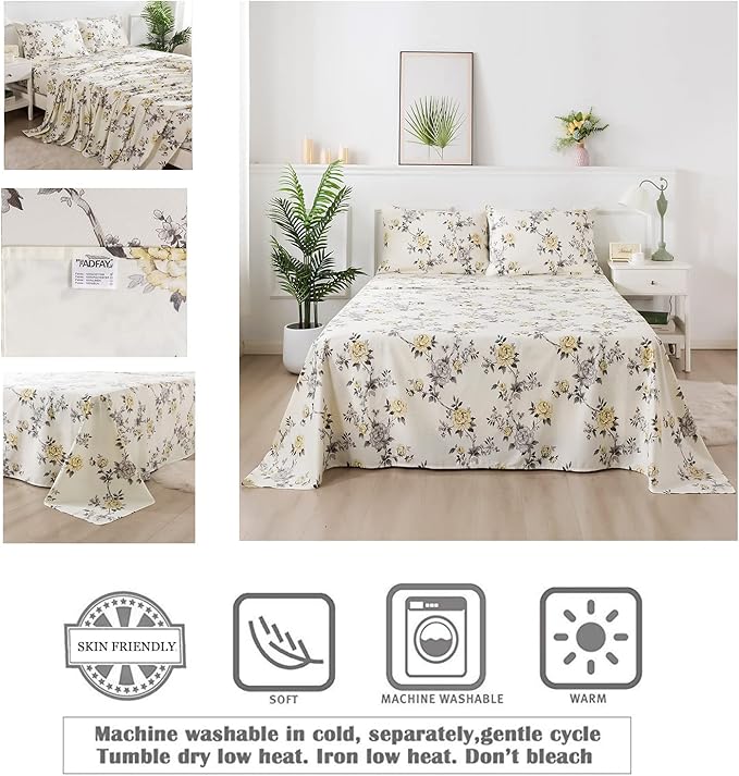 FADFAY Floral Sheets Set Twin XL Vintage Rose Floral Bedding Shabby Grey and Yellow Peony College Dorm Bedding 800 Thread Count 100% Egyptian Cotton Soft Deep Pocket Fitted Sheet 4Pcs, Twin XL Size