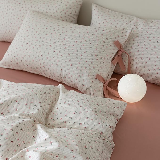 LifeTB King Size Comforter Set Garden Style Pink White Floral Comforter Set Cozy Aesthetic Bedding Cottagecore Comforter Vintage Botanical Flower Comforter with 2 Bow Ties Pillowcases Fluffy Bed Set